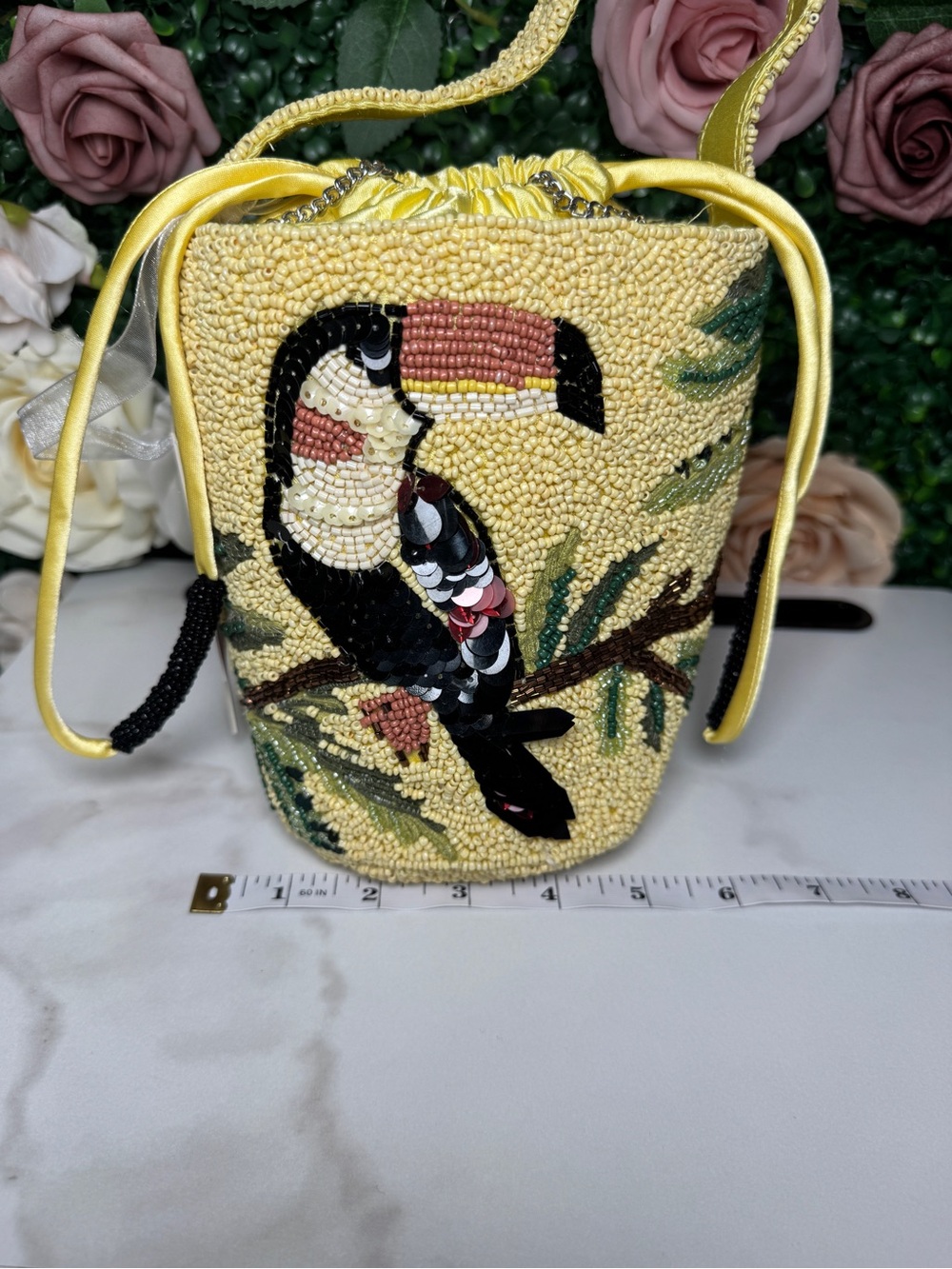 Yellow Beaded Toucan Drawstring Crossbody Bag - Women - Picture 6 of 8